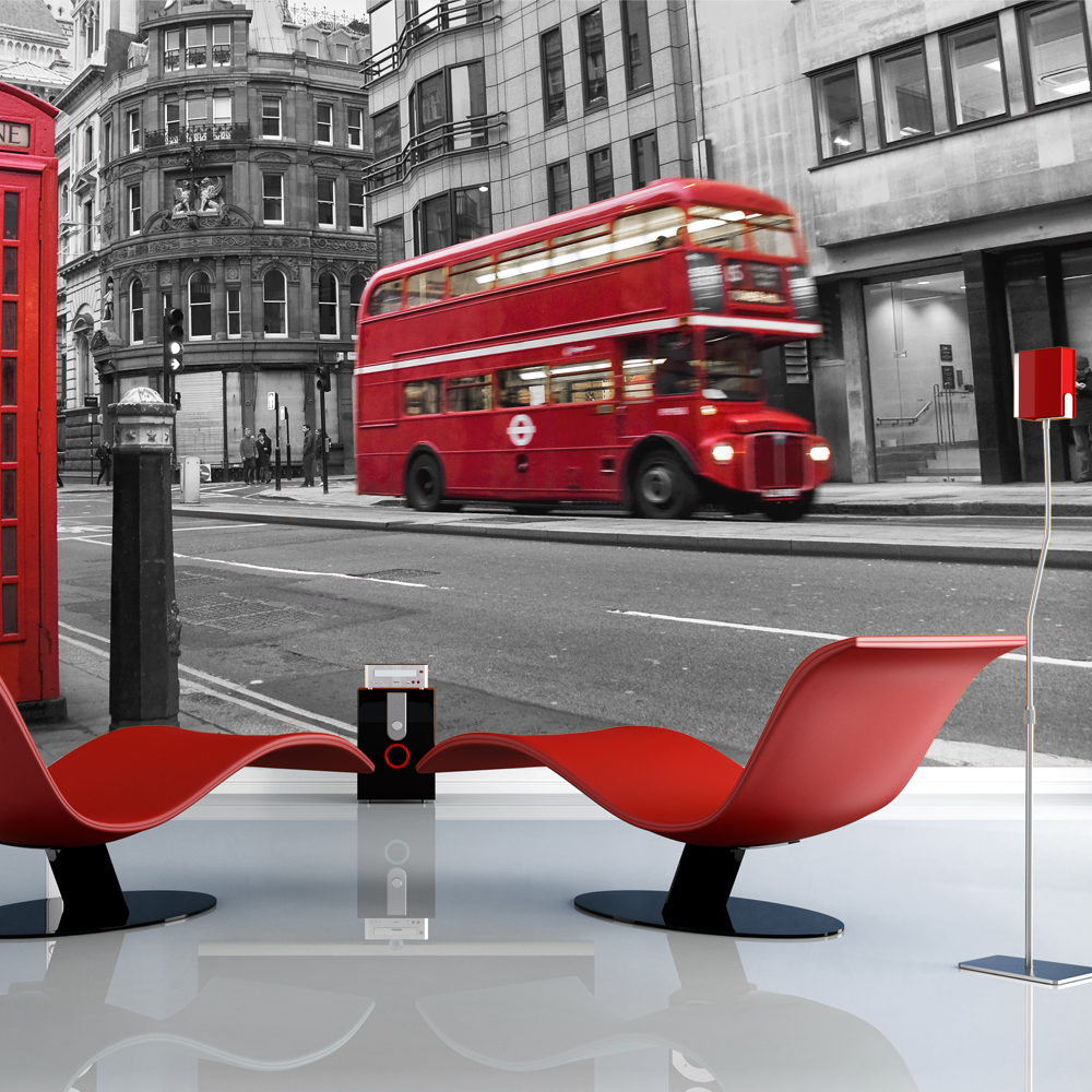 Grå Fototapet med London Rød Bus og Telefonboks