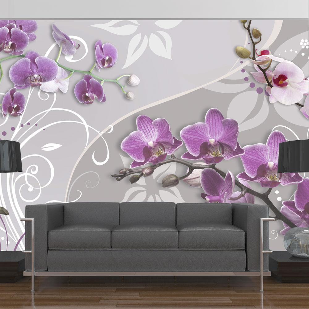 Lilla Fototapet med Flyvende Lilla Orkideer – Premium Design