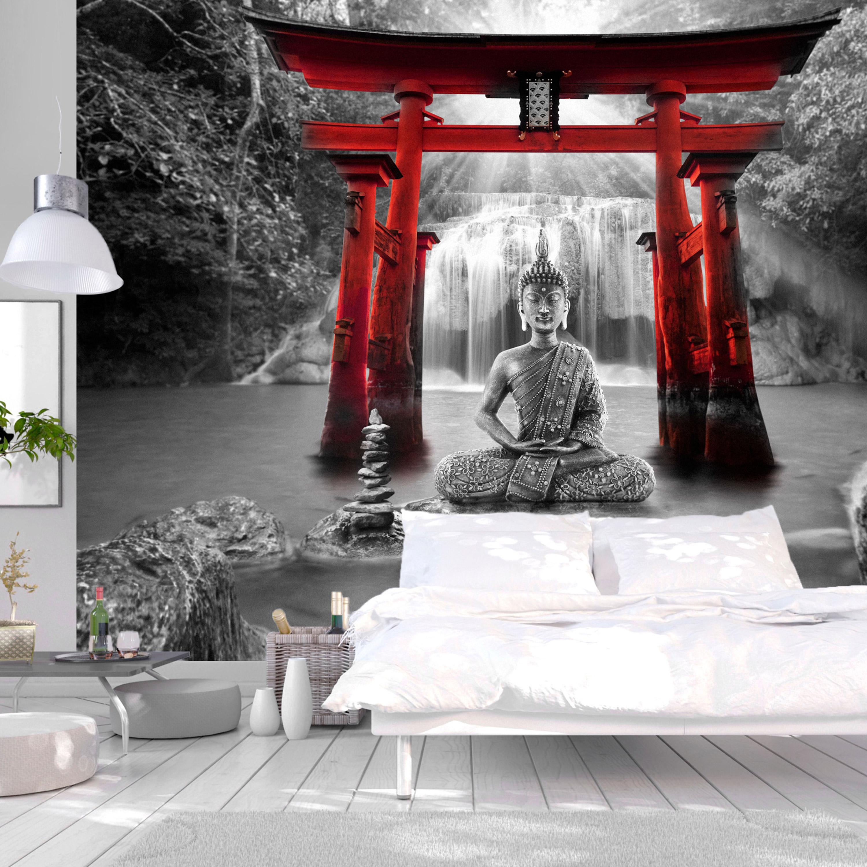 Selvklæbende Fototapet med Buddha Smil i Rød 392x280 cm